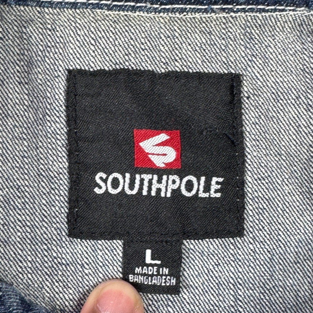 Southpole Denim Jacket Mens L‎ Blue Acid Wash Distressed Button Up Hip Hop - Picture 2 of 8